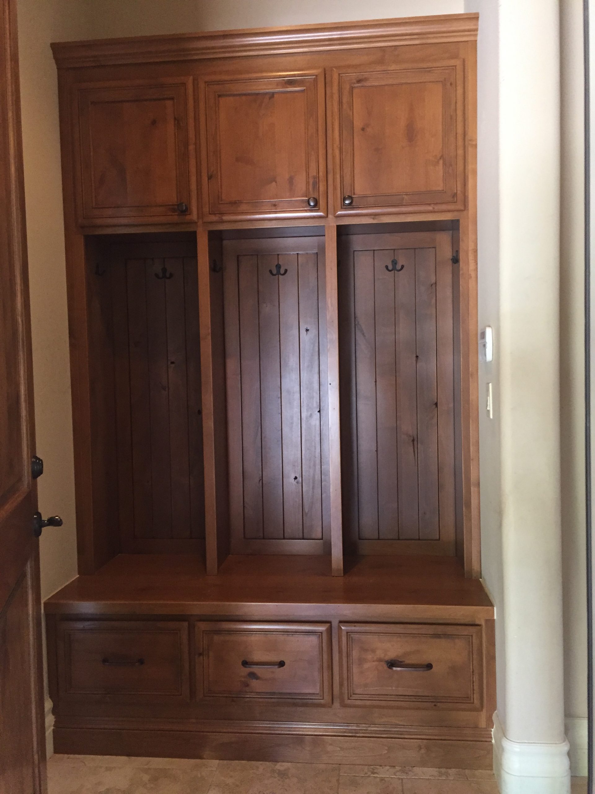 Alder Mudroom Cabinet with Custom Wood Paneling