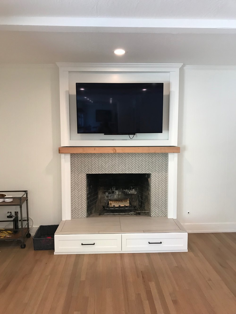 Custom TV Mantel With Drawers And Tile Top